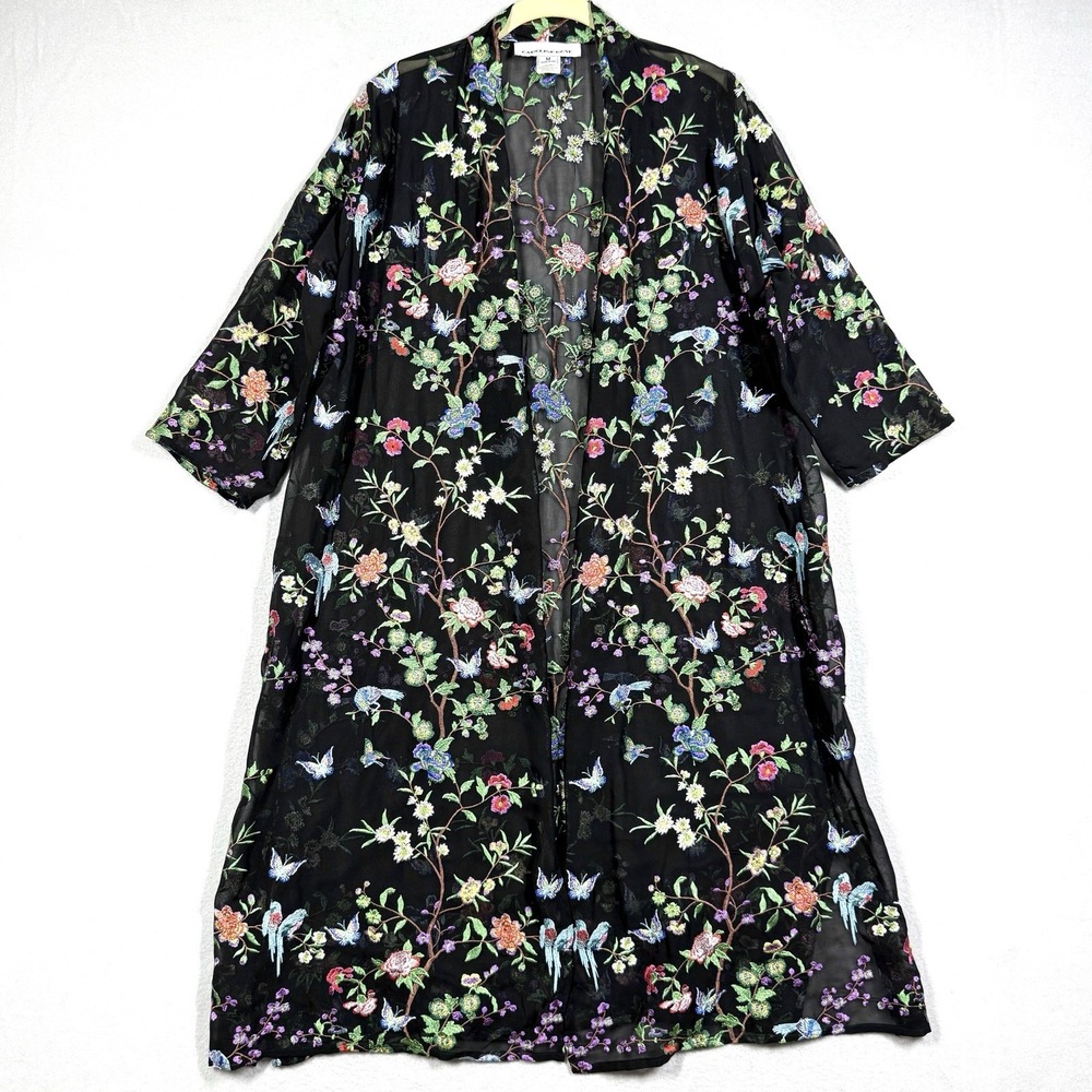 Caroline Rose Cardigan Medium Embroidered Sheer Open Kimono Butterfly Bird Flora